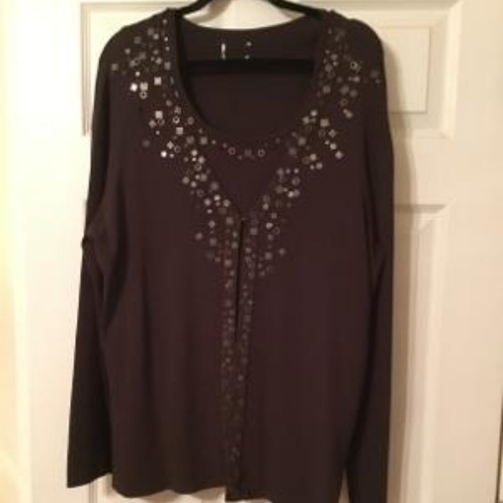 3 pc Chicos embellished cardigan, shell, pantsuit